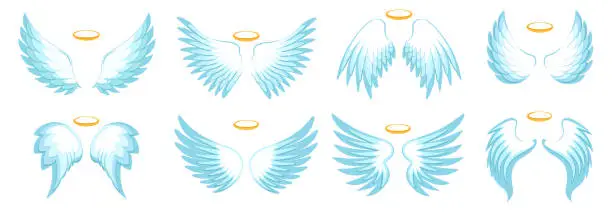 Vector illustration of Angel wings with gold nimbus. Cartoon vector icons set