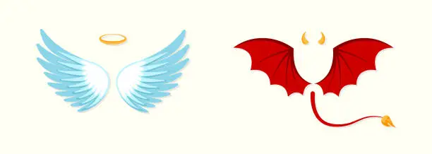 Vector illustration of Elements of the angel and devil costume. Good and bad. cartoon illustration. Angel and devil wings