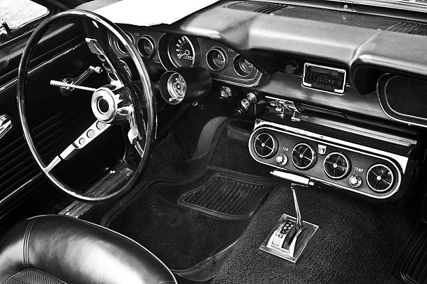 Vintage Car For Sale The interior of an old car. RAW-file developed in black and white with Adobe Lightroom. gearshift photos stock pictures, royalty-free photos & images