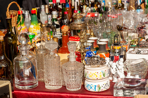 Crystal jugs from old glassware in antique market