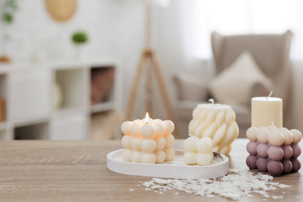 istock Set of handmade candles and copy space on the table at home 1729566203