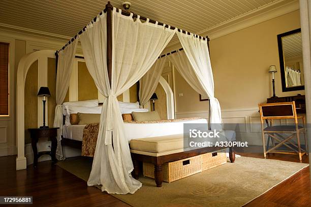 Double Bed With White Curtains Stock Photo - Download Image Now - Four-Poster Bed, Luxury Hotel, Bedroom