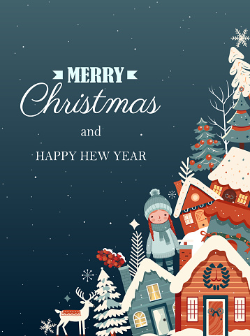 istock Christmas and New Year design. Christmas frame, poster, banner. Winter ornament card with scandi houses, trees, girl. 1729573128