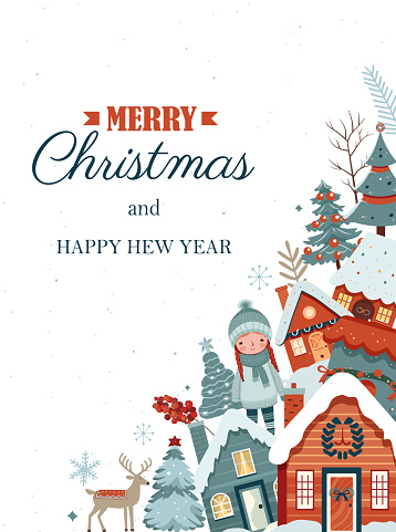 istock Christmas and New Year design. Christmas frame, poster, banner. Winter ornament card with scandi houses, trees, girl. 1729573134