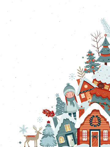 istock Christmas and New Year design. Christmas frame, poster, banner. Winter ornament card with scandi houses, trees, girl. 1729573137