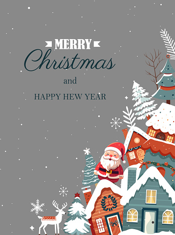 istock Christmas frame, poster with Santa Claus. Winter card with scandi houses, trees. New year Christmas design. 1729573659