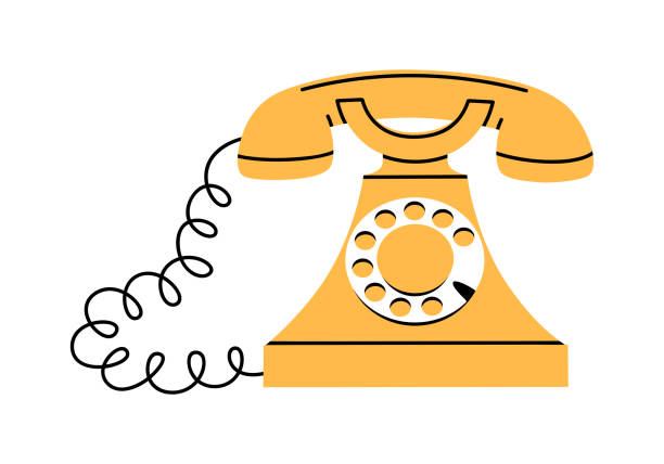 Yellow retro wired phone illustration Hand drawn cute cartoon illustration of yellow retro wired phone. Flat vector old telephone with dial sticker in simple colored doodle style. Call device icon or print. Isolated on white background. rotary dial telephone cartoons stock illustrations
