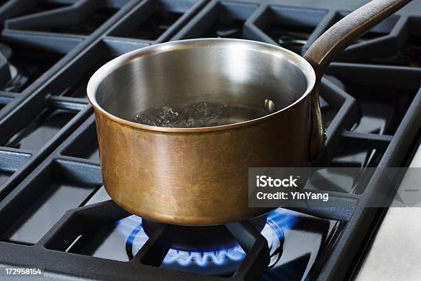 Copper Pan On Gas Stove Hz Stock Photo - Download Image Now - Cooking Pan, Stove, Copper