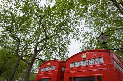 British telephone booths at Leicester Square, London.
