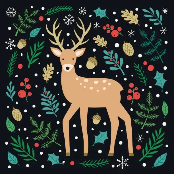 Vector illustration of Deer vector hand drawn illustration. Christmas poster with an image of a deer.