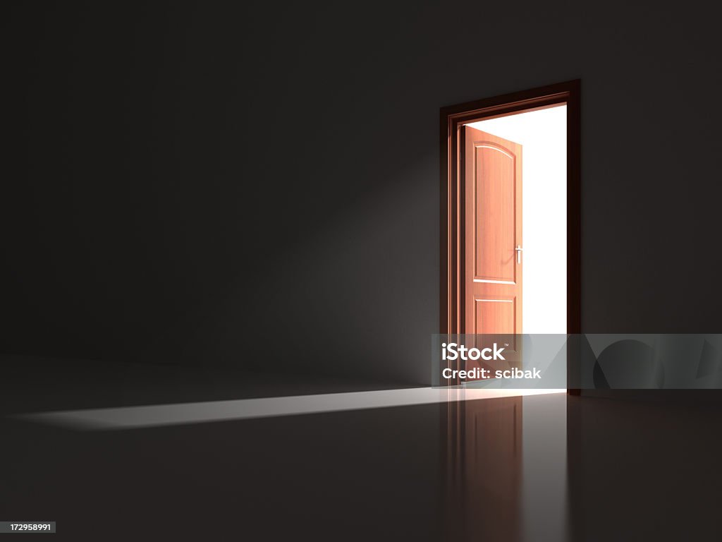 A red opened door letting light into a dark room 3d render, business concept. Door Stock Photo