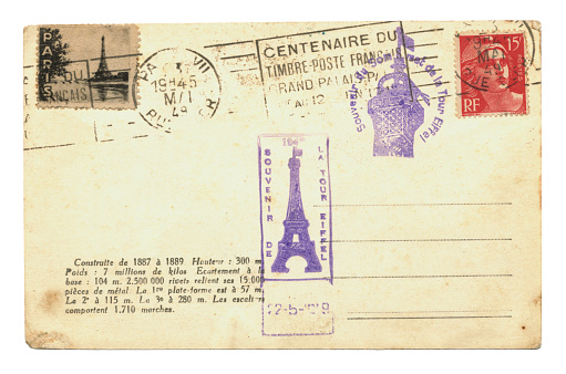 Postcard with Eiffel Tower stamps with date of 22-5-1949.