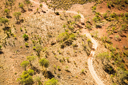 Aerial photograph of a dirt road in the red centre of Australia.