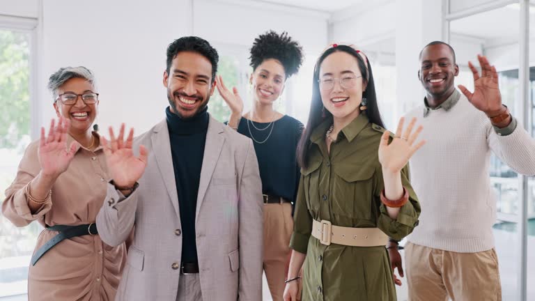 Creative business people, waving and team smile in about us for introduction, greeting or startup at office. Group portrait of happy employee workers smiling with wavy hands for welcome or teamwork