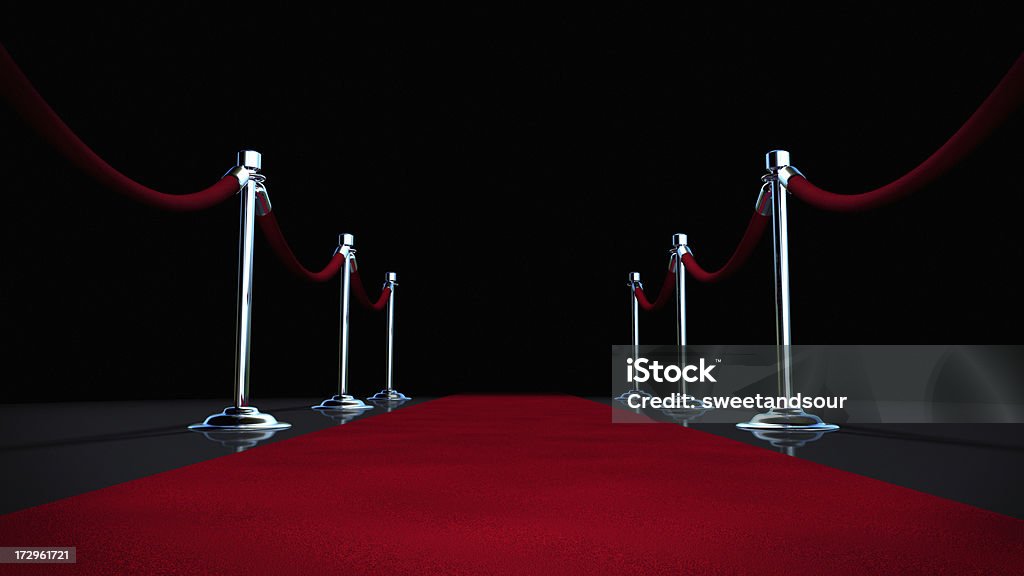 Red Carpet on Black Red Carpet With Velvet Rope.  Red Carpet Event Stock Photo