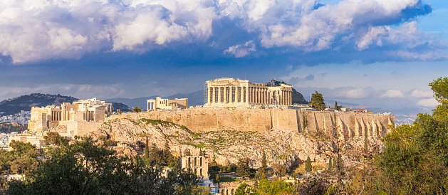 Cariatides Porch, Erechtheion on Acropolis of Athens against blue sky. Athens, Greece. Stock photo