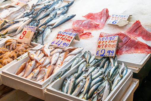 Fresh Saba fish on ice for sale in the supermarket