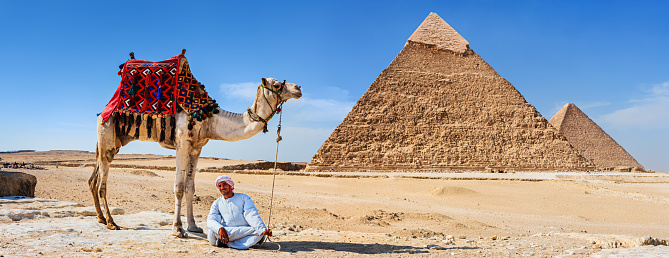 Bedouin with camel, pyramids on the background, Giza, Egypt.