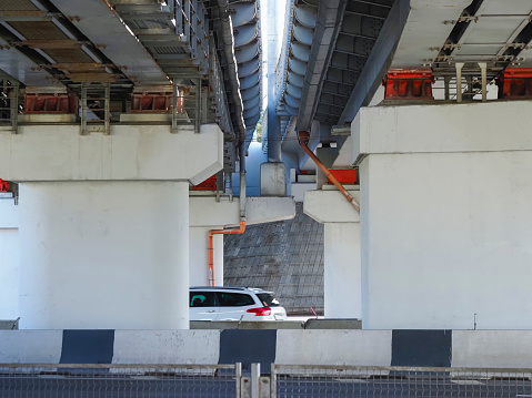 pipeline under the expressway, close-up view of the bridge.