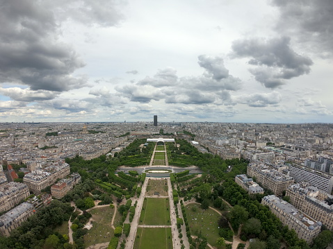High angle view of the jardins du trocadero as seen from the tour eiffel with La Defense clearly visible in the background