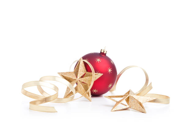Christmas Stars, Baubles and Gold Ribbons on white.