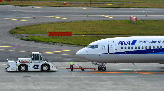 Sapporo, Japan - Jul 3, 2019. JA55AN All Nippon Airways Boeing 737-800 taxiing on runway of New Chitose Airport (CTS) in Sapporo, Japan.