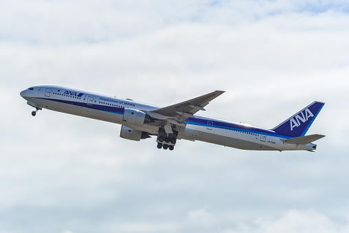 Sapporo, Japan - Jul 3, 2019. JA752A All Nippon Airways Boeing 777-300 taking-off from New Chitose Airport (CTS) in Sapporo, Japan.