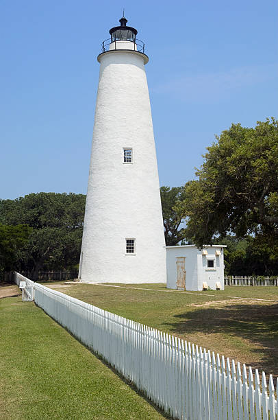 Ocracoke Island Lighthouse & Grounds "The 75 foot tall Ocracoke Island Lighthouse, built in 1823, is the oldest active lighthouse in the state of North Carolina." ocracoke lighthouse stock pictures, royalty-free photos & images