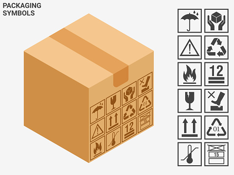 Packaging symbols. Set of vector icons. Symbols explaining rules for transporting cargo: do not throw, protect from rain, flammable, transport carefully and other types of warnings. Isometric options.