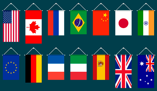 Set of vertical flags of the largest countries in the world: USA, Canada, Great Britain, China, Japan, Germany, European Union, France, Italy, Russia, Brazil, India, Spain, New Zealand. Vector EPS10.