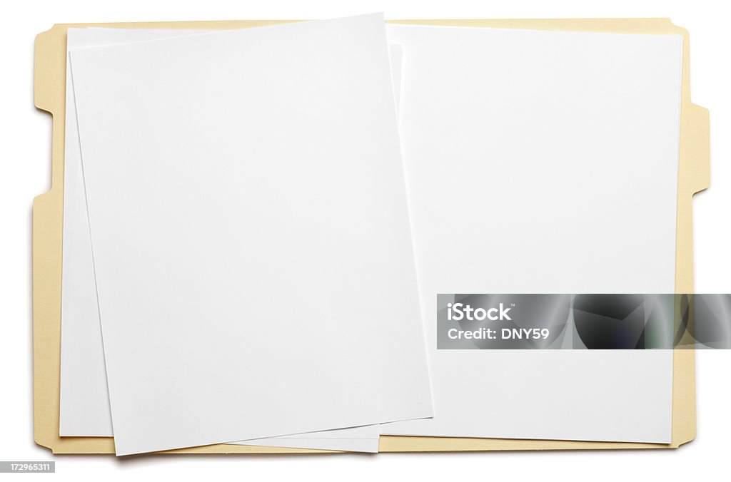 Blank paper in an open file folder on white background Manila folder open on white background. File Folder Stock Photo