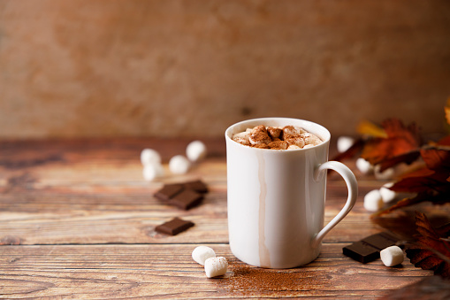 Hot chocolate with marshmallows in a white ceramic cup on wooden table.