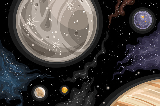 Vector Fantasy Space Chart, astronomical horizontal poster with cartoon design orbiting Ganymede and other satellites of Jupiter in deep space, decorative cosmic print on black starry space background