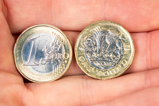 A 1 Euro Coin held next to a 1 Pound Coin.
