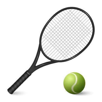 Vector 3d Realistic Tennis Ball and Tennis Racquet Closeup Isolated on White Background. Design Templates, Tennis Sports Equipment.