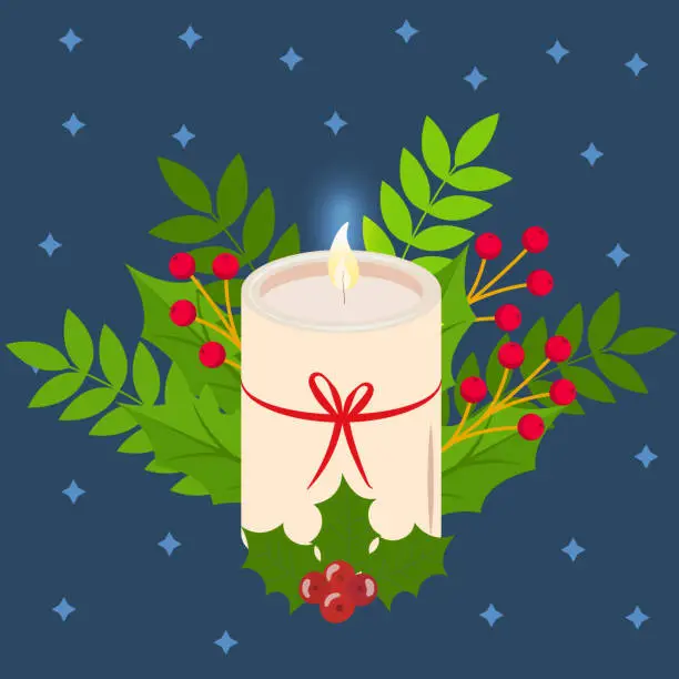 Vector illustration of Merry Christmas candle with Christmas holly. Winter season and decoration theme