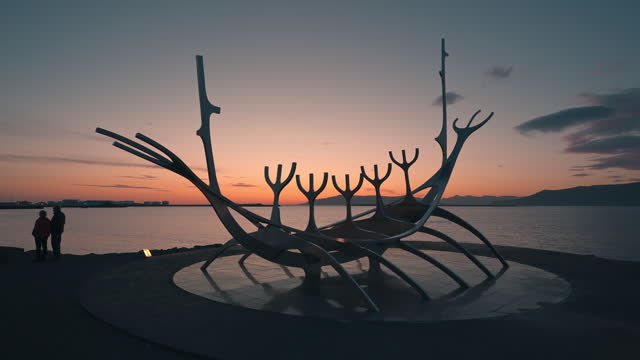 Sun voyager sculpture monument viking solfar symbolic in Reykjavik town