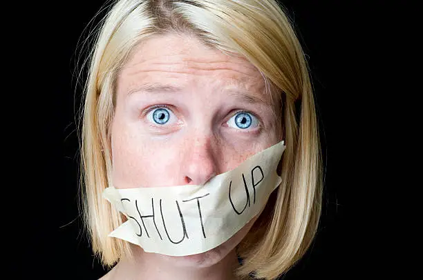 "VIEW MORE OF THIS SERIE... Woman with papertape to close her mouth with written Shut Up. Wife, colleagues, emplyee who talks to much Easy solution!"
