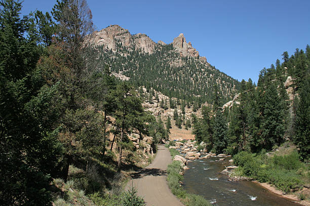Pine forests surround the Platte River below the Cathedral Spires outside Buffalo, Colorado
