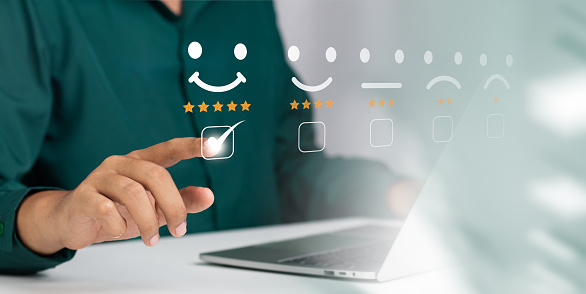 Online customer satisfaction survey feedback and ratings for business success, User give rating to service experience on online application, Quality service evaluation positive customer reviews.