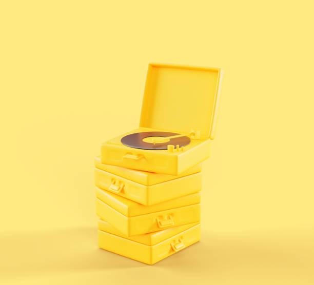 istock Vinyl record players in yellow monochrome design 3d render. Realistic stack of open and closed suitcases of vintage music turntables in empty interior room, banner for retro party 1729682445