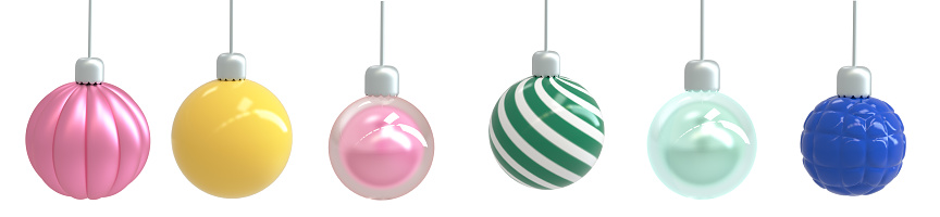 Christmas toys. Christmas decorations of different shapes. A set of icons is a festive 3d illustration. The concept of realistic colorful toys. Winter decoration. render illustration design.