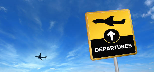 istock Departure Sign and Airplane on the Sky 172969482