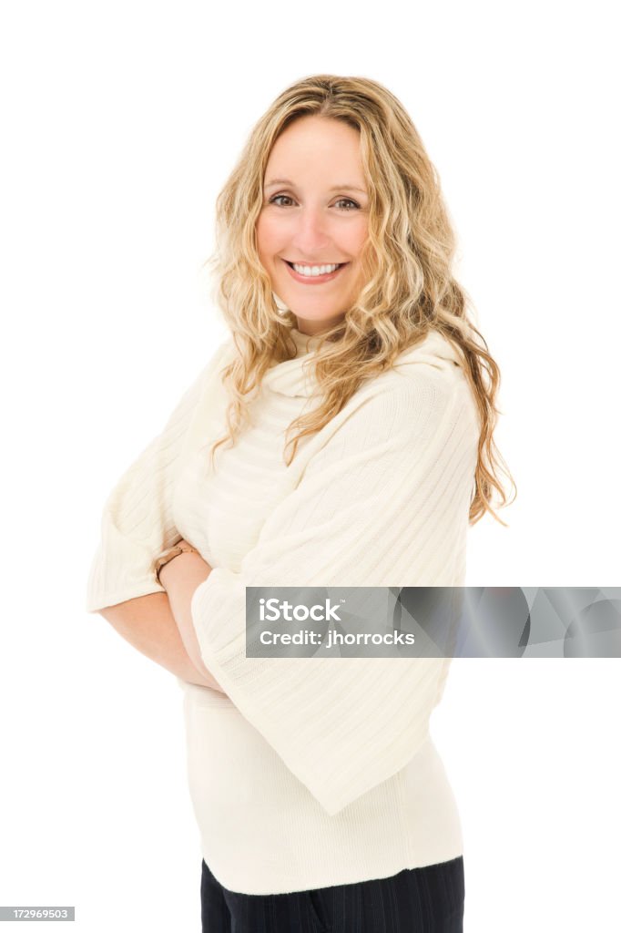 Веселый уверенно женщина в свитер - Стоковые фото Длинные волосы роялти-фри