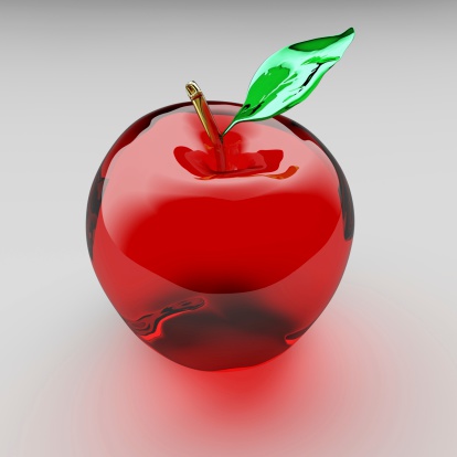 This is a computer generated image of a red apple with green leaf made from glass. Rendered with an HDRI image for reflections.