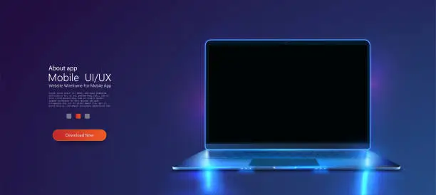 Vector illustration of A portable neon computer with a blank screen and a desk in a dark room with blue lighting