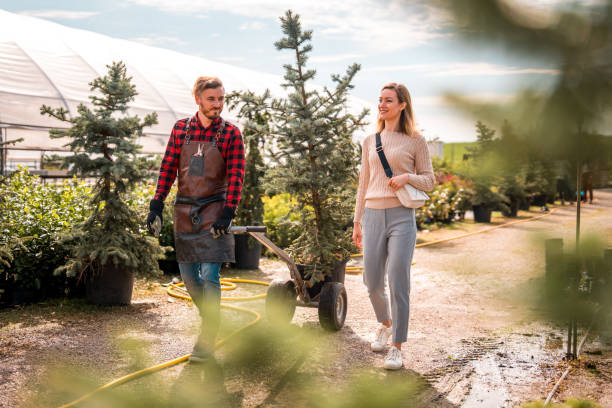 istock Female Customer Gets Help from Gardener with Plant Carrier for Her Potted Tree 1729699203