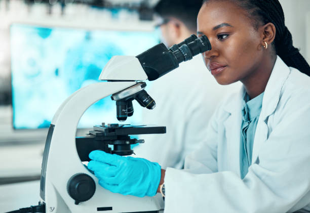 istock Microscope, science and female scientist in a lab for medical pharmaceutical research. Professional, scientific and African woman researcher working on molecule analysis with biotechnology equipment. 1729702147