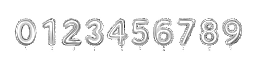Set of silver balloons numbers set, isolated on white background.