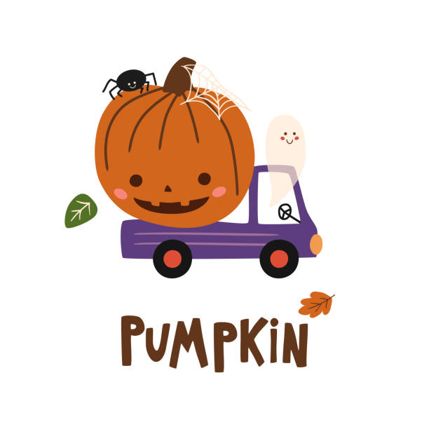 istock Halloween pumpkin truck with ghost, spider, net, fall leaves isolated element for greeting, party celebration. Cute vector illustration 1729704582